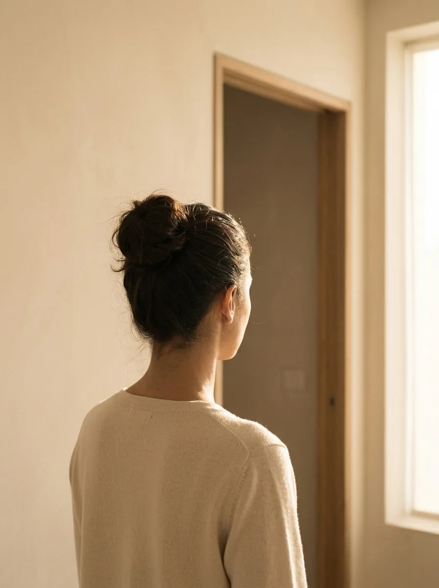 A figure looking through a sunlit doorway, hair gathered up