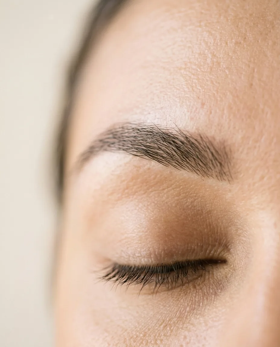 Editorial close-up of a freshly shaped natural brow