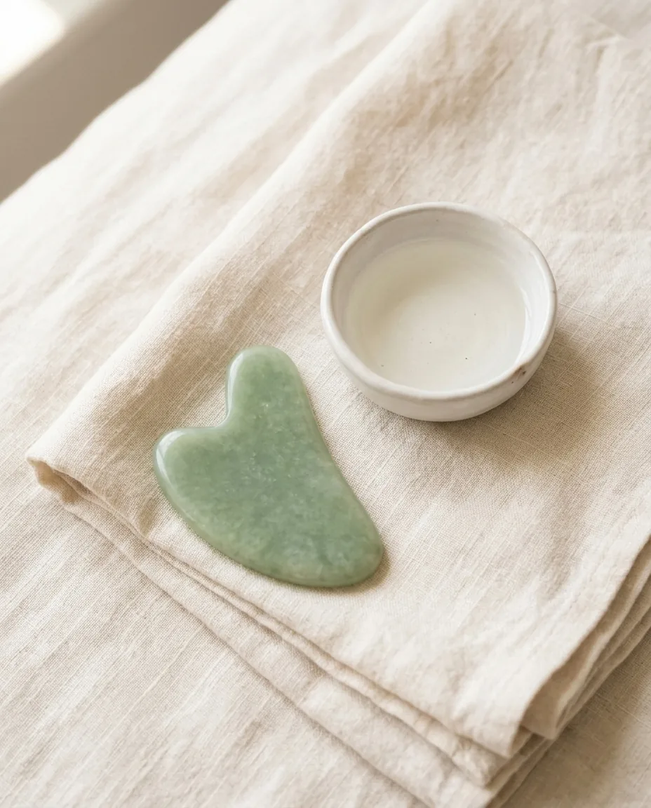Still-life of a jade gua sha stone and small bowl of treatment oil on linen