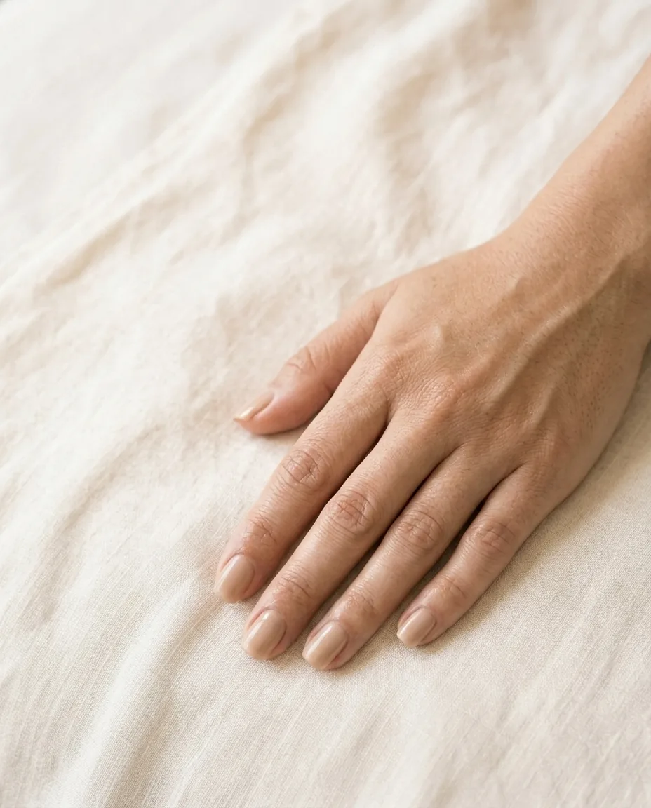 Editorial photograph of a hand at rest on cream linen