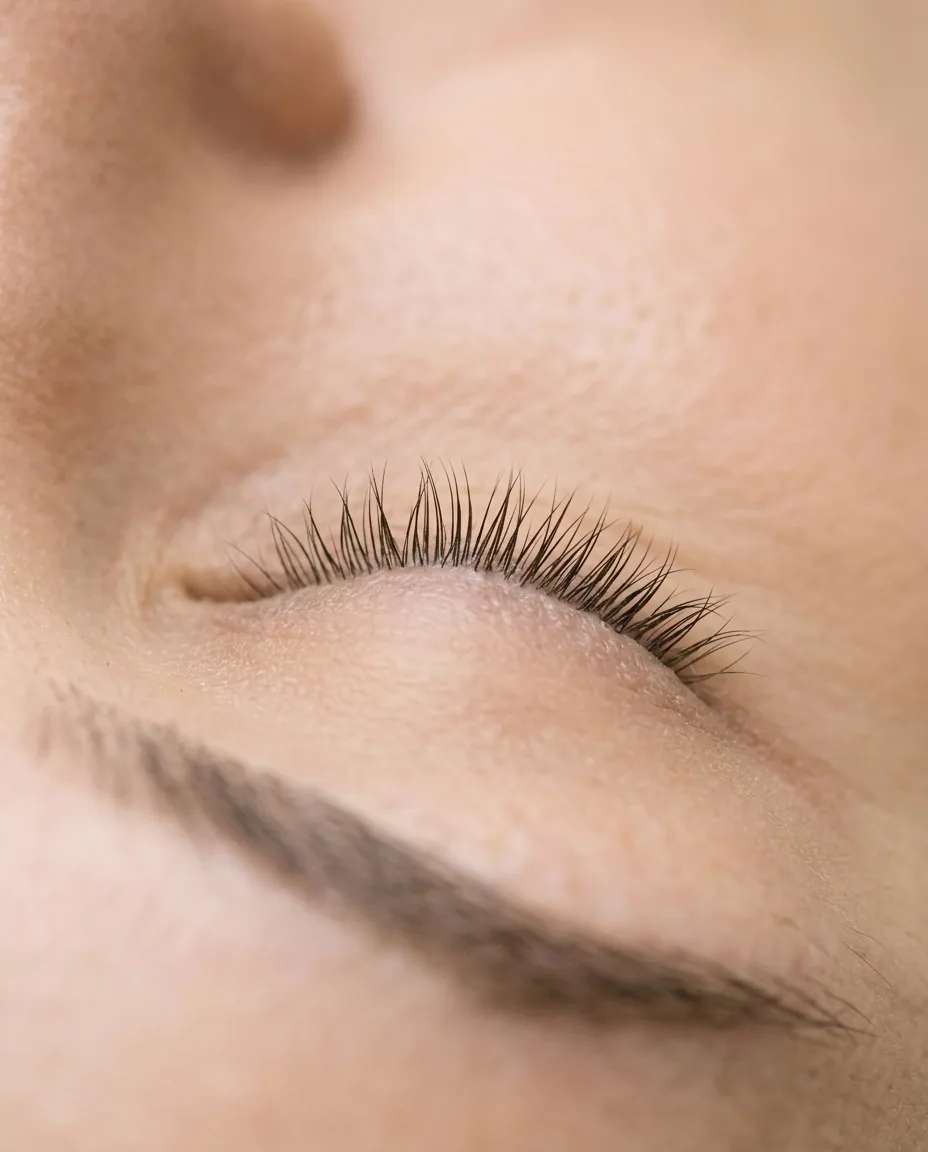 Editorial macro of freshly lifted natural lashes