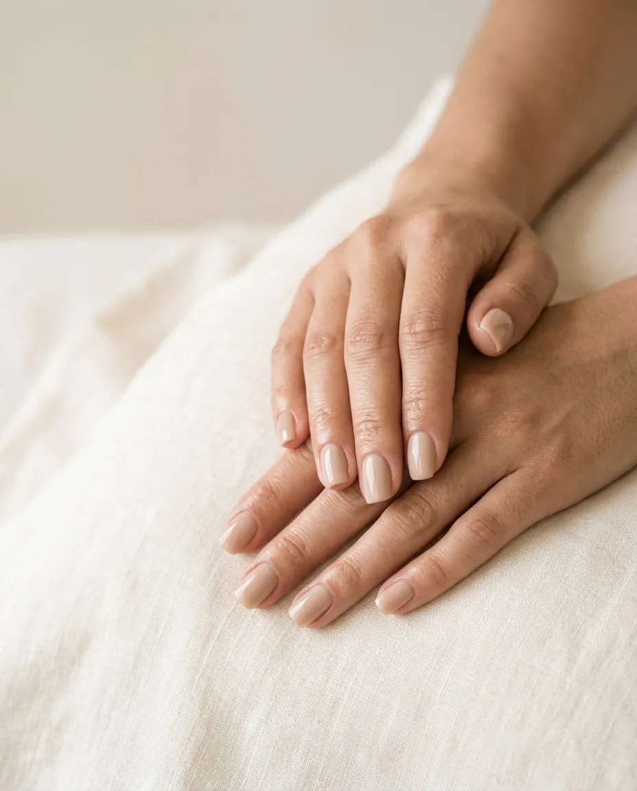 Hands at rest on cream linen with a glossy neutral gel manicure