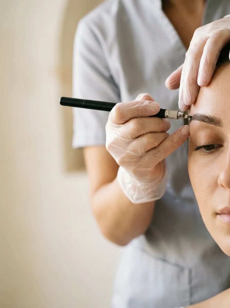 An aesthetician's gloved hands shaping a client's brow in soft natural light