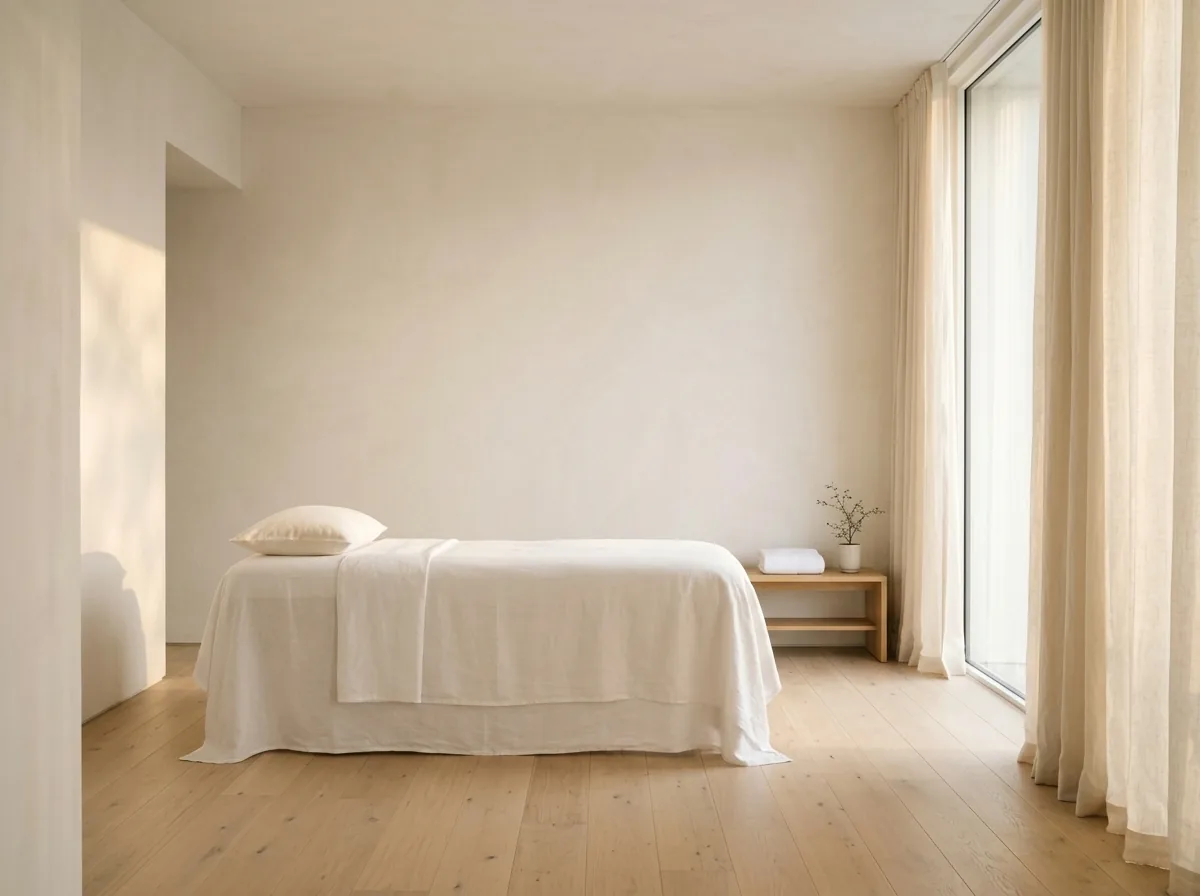 The studio: a minimalist treatment room with linen-dressed bed and sheer window light